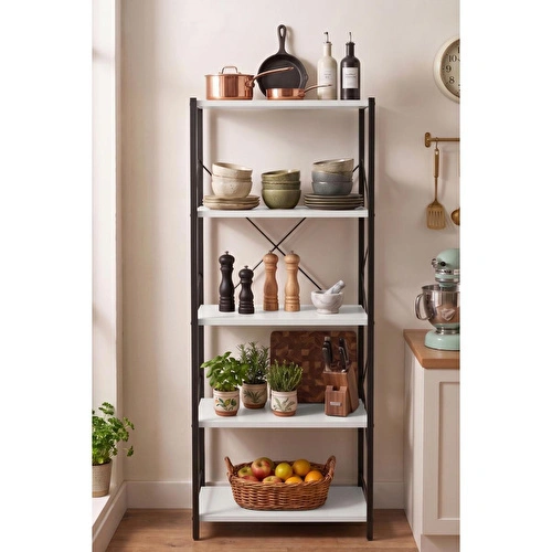 Vienev 5 Raflı Metal Dolap - Metal Ve Ahşap Kitaplık, Mutfak Rafı 150x60 Siyah-beyaz Vienev 5 Raflı Metal Dolap - Metal Ve Ahşap Kitaplık, Mutfak Rafı 150x60 Siyah-beyaz