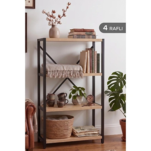 Vienev 4 Raflı Metal Dolap - Metal Ve Ahşap Kitaplık, Mutfak Rafı 120x60 Siyah-ahşap