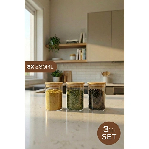 Vienev 3'lü Set Bambu Kapaklı Cam Kavanoz 280 Ml - Erzak Düzenleyici Saklama Kabı (6,5x10cm)