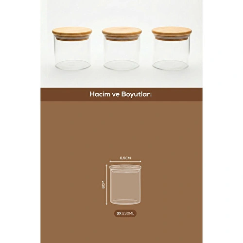 Vienev 3'lü Set Bambu Kapaklı Cam Kavanoz 230 Ml - Erzak Düzenleyici Saklama Kabı (6,5x8cm)