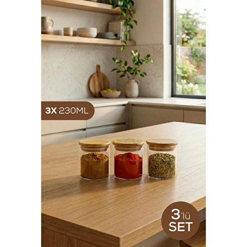 Vienev 3'lü Set Bambu Kapaklı Cam Kavanoz 230 Ml - Erzak Düzenleyici Saklama Kabı (6,5x8cm)