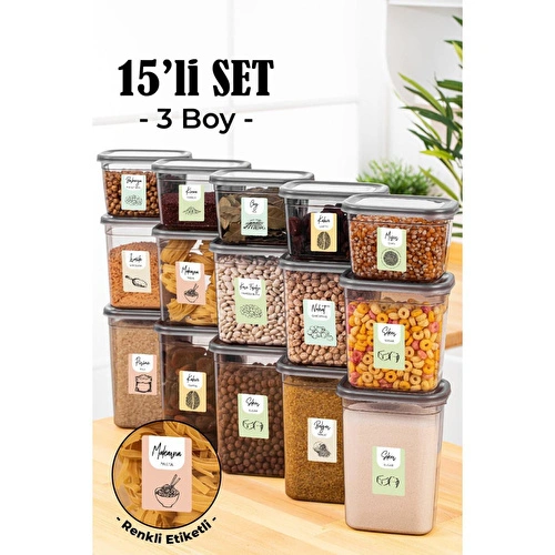 Vienev Renkli Etiketli 15li Peggy Dikdörtgen Saklama Kabı Seti 5x(1500-1150-800 Ml) Antrasit