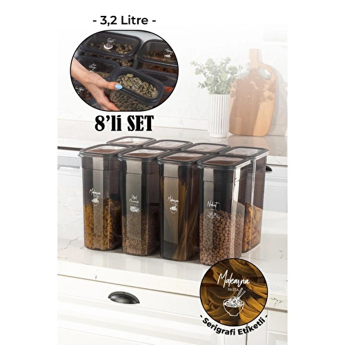 Vienev Beyaz Serigrafi Etiketli 8li Set Peggy Şeffaf Kapaklı Uzun Dikdörtgen Saklama Kabı 3,2 Litre