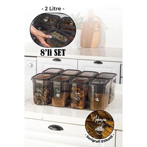 Vienev Beyaz Serigrafi Etiketli 8li Set Peggy Şeffaf Kapaklı Uzun Dikdörtgen Saklama Kabı 2 Litre