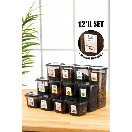 Vienev Renkli Etiketli 12li Peggy Kare Erzak Saklama Kabı 4x(0,55 Litre, 1,2 Litre, 1,75 Litre) Antrasit