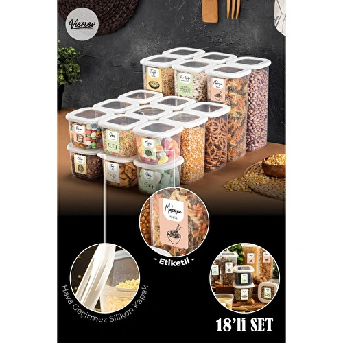 Vienev Renkli Etiketli Kare Erzak Saklama Kabı 18li Set 6x(0,55 Litre, 1,2 Litre, 1,75 Litre) Beyaz