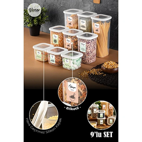 Vienev Renkli Etiketli Kare Erzak Saklama Kabı 9lu Set 3x(0,55 Litre, 1,2 Litre, 1,75 Litre) Beyaz