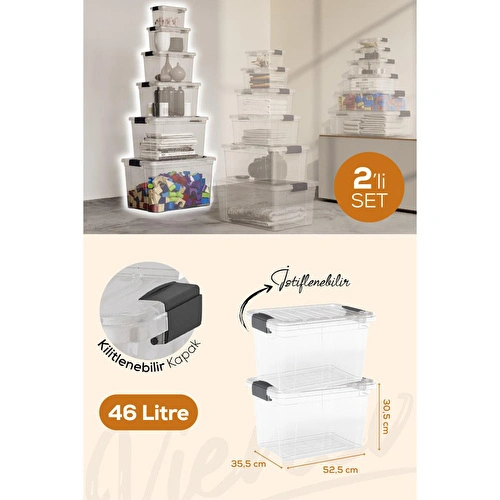 Vienev 2'li 46 Litre Kilitli Kapaklı Saklama Ve Erzak Kutusu 33126