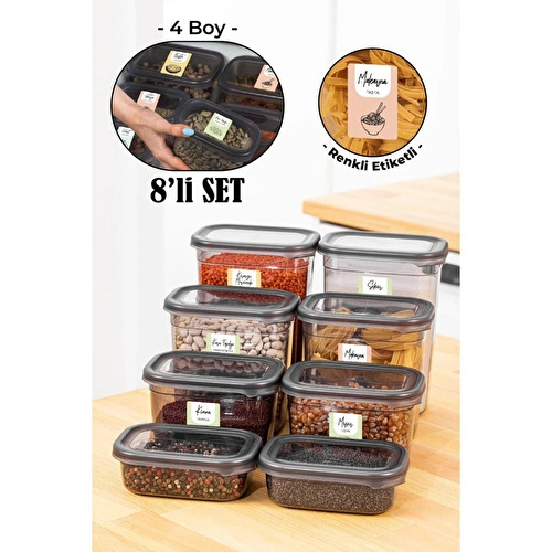 Vienev Renkli Etiketli 8li Peggy Dikdörtgen Saklama Kabı Seti 4x(1500-1150 Ml) Antrasit
