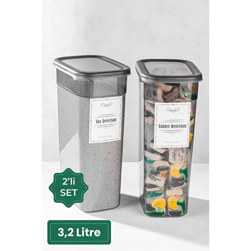 Vienev Etiketli 2 Adet Toz Ve Tablet Deterjan Saklama Kutusu Deterjan Saklama Kabı 3,2 Litre
