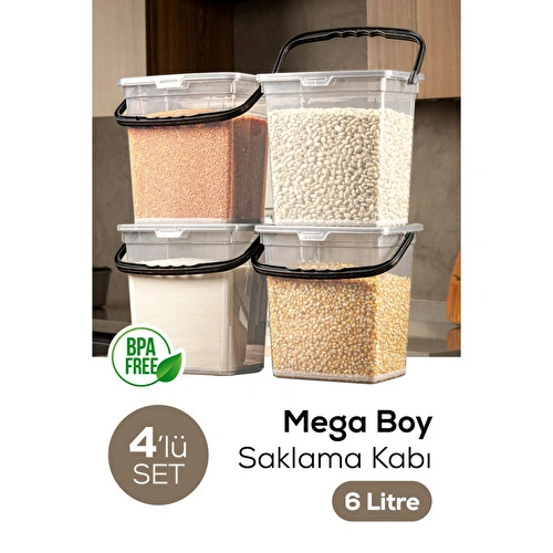 Vienev Mega Boy 4'lü Kare Un Bakliyat Kabı 6 Litre - Kulplu Saklama Kutusu Kabı Şeffaf