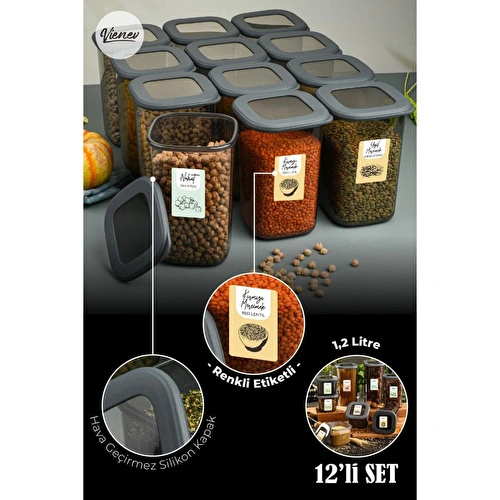 Vienev Renkli Etiketli 12li Foly Kare Erzak Saklama Kabı 1,2 Litre Antrasit