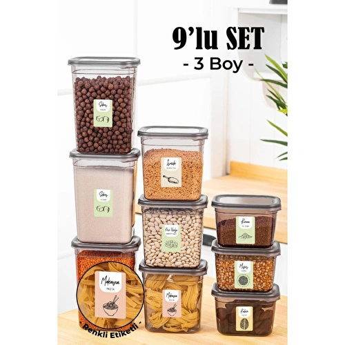 Vienev Renkli Etiketli 9lu Peggy Dikdörtgen Saklama Kabı Seti 3x(1500-1150-800 Ml) Antrasit