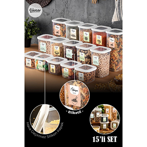 Vienev Renkli Etiketli Kare Erzak Saklama Kabı 15li Set 5x(0,55 Litre, 1,2 Litre, 1,75 Litre) Beyaz