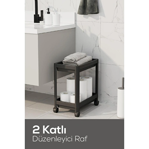Vienev 2 Katlı Tekerlekli Düzenleyici Raf - Banyo Dolabı Mutfak Tezgah Ve Evye Altı Düzenleyici Antrasit