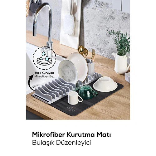 Vienev 2'li Pratik Bulaşık Kurutma Matı Ve Düzenleyici Set Gri