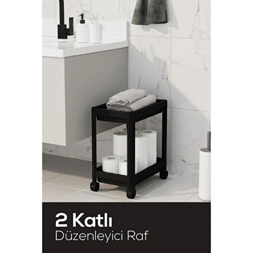 Vienev 2 Katlı Tekerlekli Düzenleyici Raf - Banyo Dolabı Mutfak Tezgah Ve Evye Altı Düzenleyici Siyah
