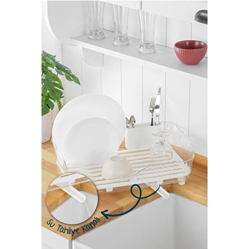Vienev 32 X 32 Lavabo Kenarı Tezgah Üstü Süzgeçli Bulaşıklık Şeffaf Beyaz Plastik