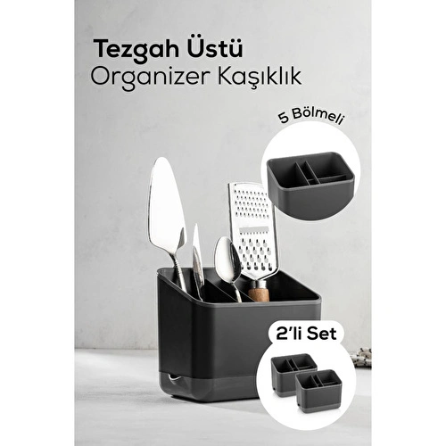 Vienev 2 Adet Tezgah Üstü Kaşık Düzenleyici 5 Bölmeli Organizer Kaşıklık Antrasit