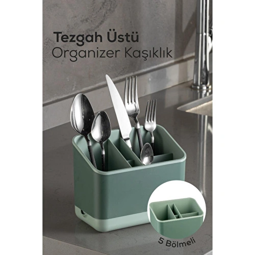 Vienev Tezgah Üstü Kaşık Düzenleyici 5 Bölmeli Organizer Kaşıklık Yeşil