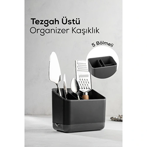 Vienev Tezgah Üstü Kaşık Düzenleyici 5 Bölmeli Organizer Kaşıklık Antrasit