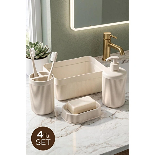 Vienev 4'lü Banyo Seti 550ml Krem - Sıvı Sabunluk, Diş Fırçalık Ve Çok Amaçlı Düzenleyici Organizer