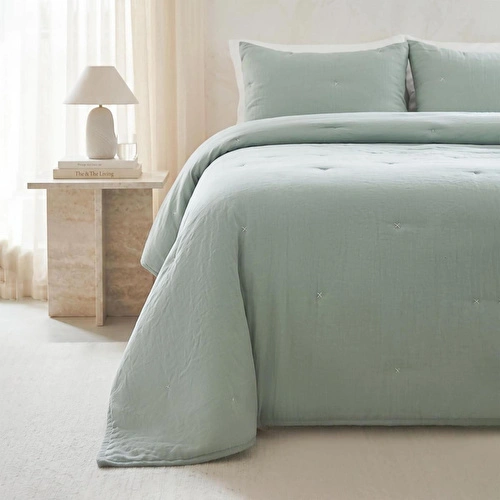 Ocean Home Textile Nakışlı Mint Çift Kişilik Yatak Örtüsü Seti 1 Adet 250 X 230 / 2 Adet 50 X 70 Cm