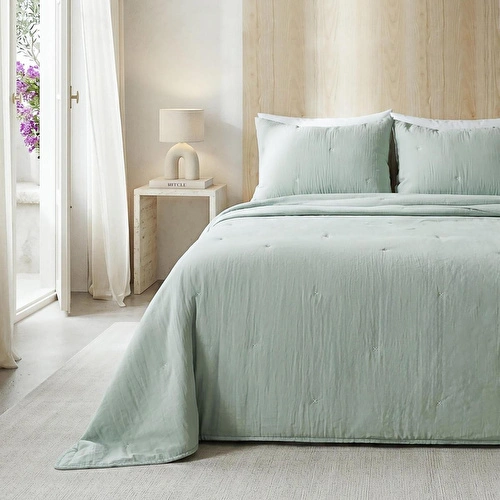 Ocean Home Textile Nakışlı Mint Çift Kişilik Yatak Örtüsü Seti 1 Adet 250 X 230 / 2 Adet 50 X 70 Cm