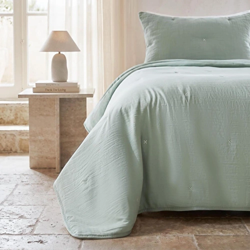 Ocean Home Textile Nakışlı Mint Tek Kişilik Yatak Örtüsü Seti 1 Adet 180 X 230 / 1 Adet 50 X 70 Cm