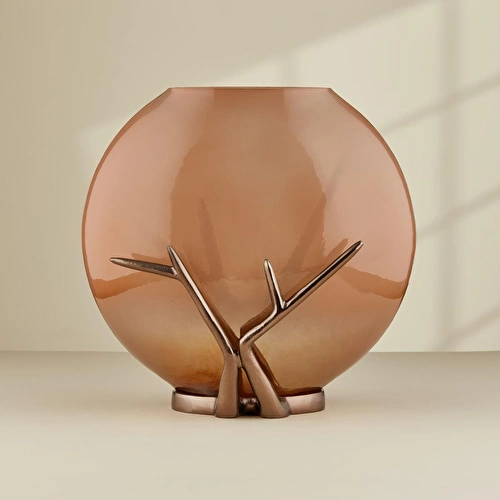 Cornella Gınger Antik Bronz Metal Detaylı Cam Vazo Büyük Ağız:17 Cm X Boy:33 Cm X Gövde:30 Cm