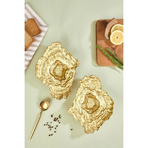 Lora Bianca Ostra 2 Parça Gold Kabuk Formlu Cam Meze Servis Tabağı Seti - 2 Adet