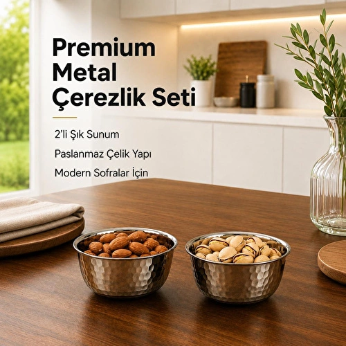 Vienev Paslanmaz Metal 2'li Çerezlik Kase Takımı - 9,5x6 Cm Lüks Sunum Ve Sosluk Seti