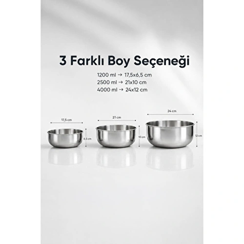 Vienev 3'lü Paslanmaz Çelik Karıştırma Kabı Seti - 1200-2500-4000 Ml Metal Kase Takımı