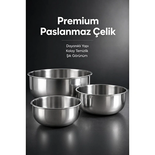 Vienev 3'lü Paslanmaz Çelik Karıştırma Kabı Seti - 1200-2500-4000 Ml Metal Kase Takımı