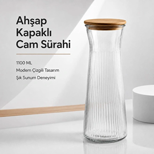 Vienev Ahşap Kapaklı Cam Sürahi & Vazo 1100 Ml - Çizgili Cam Karaf Başucu Sürahisi 25 Cm