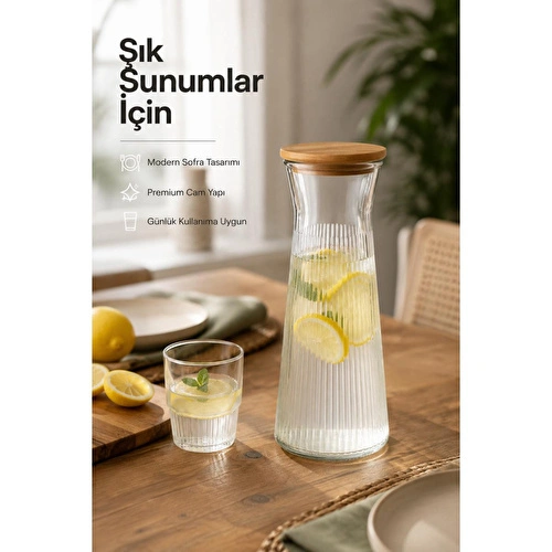 Vienev Ahşap Kapaklı Cam Sürahi & Vazo 1100 Ml - Çizgili Cam Karaf Başucu Sürahisi 25 Cm Vienev Ahşap Kapaklı Cam Sürahi & Vazo 1100 Ml - Çizgili Cam Karaf Başucu Sürahisi 25 Cm
