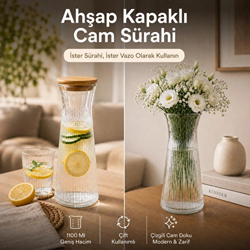 Vienev Ahşap Kapaklı Cam Sürahi & Vazo 1100 Ml - Çizgili Cam Karaf Başucu Sürahisi 25 Cm