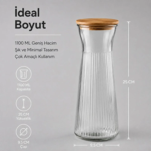Vienev Ahşap Kapaklı Cam Sürahi & Vazo 1100 Ml - Çizgili Cam Karaf Başucu Sürahisi 25 Cm
