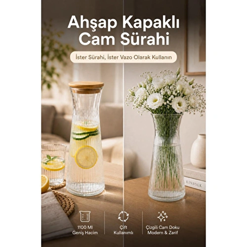 Vienev Ahşap Kapaklı Cam Sürahi & Vazo 1100 Ml - Çizgili Cam Karaf Başucu Sürahisi 25 Cm