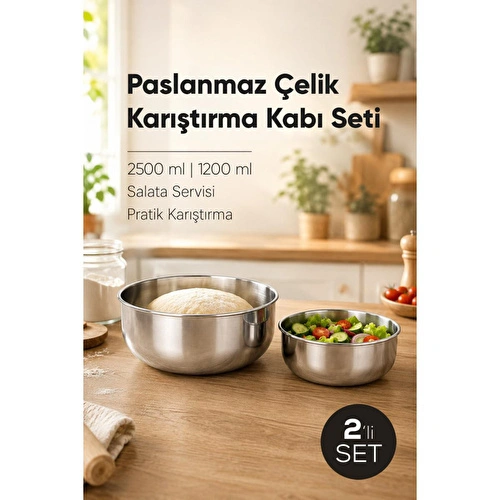 Vienev 2'li Paslanmaz Çelik Karıştırma Kabı Seti - 1200-2500 Ml Metal Kase Takımı