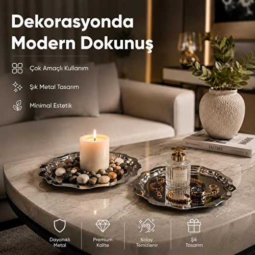 Vienev 2'li Metal Sunum Tabağı Seti 24 Cm - Çiçek Dekor Sunum Tepsi
