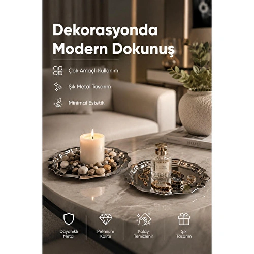 Vienev 2'li Metal Sunum Tabağı Seti 24 Cm - Çiçek Dekor Sunum Tepsi