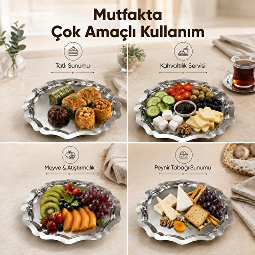 Vienev 2'li Metal Sunum Tabağı Seti 24 Cm - Çiçek Dekor Sunum Tepsi