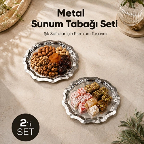 Vienev 2'li Metal Sunum Tabağı Seti 24 Cm - Çiçek Dekor Sunum Tepsi