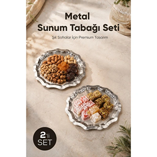 Vienev 2'li Metal Sunum Tabağı Seti 24 Cm - Çiçek Dekor Sunum Tepsi