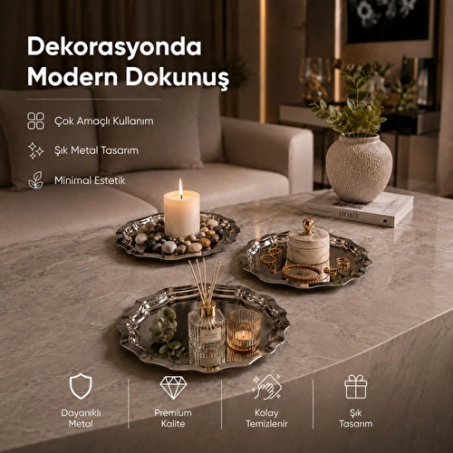 Vienev 3'lü Metal Sunum Tabağı Seti 24 Cm - Çiçek Dekor Sunum Tepsi
