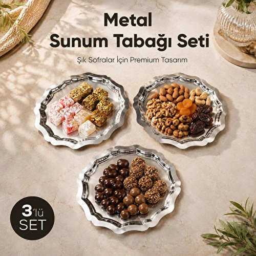 Vienev 3'lü Metal Sunum Tabağı Seti 24 Cm - Çiçek Dekor Sunum Tepsi