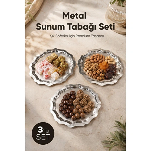 Vienev 3'lü Metal Sunum Tabağı Seti 24 Cm - Çiçek Dekor Sunum Tepsi