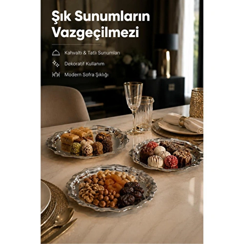 Vienev 3'lü Metal Sunum Tabağı Seti 24 Cm - Çiçek Dekor Sunum Tepsi