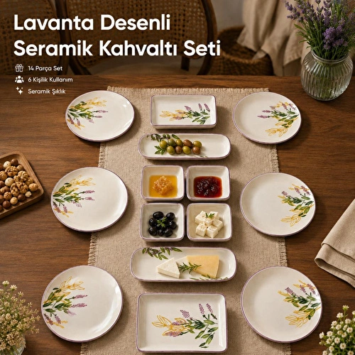 Vienev 14 Parça 6 Kişilik Lavanta Desen Seramik Kahvaltı Takım Seti